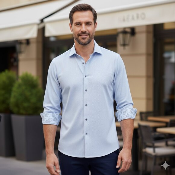 QUIETI Apparel - Modern Fit, Light Blue, Long Sleeve Men's Shirt - Picture 2 of 13